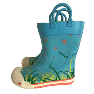 KEEN Coronado Blue Rain Boots Youth Kids 3 Rubber Mud Boots DragonFly Flower